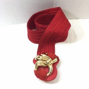 Vtg Waldorf Creations Miami Red Nylon Adjustable Belt Gold Leather Buckle